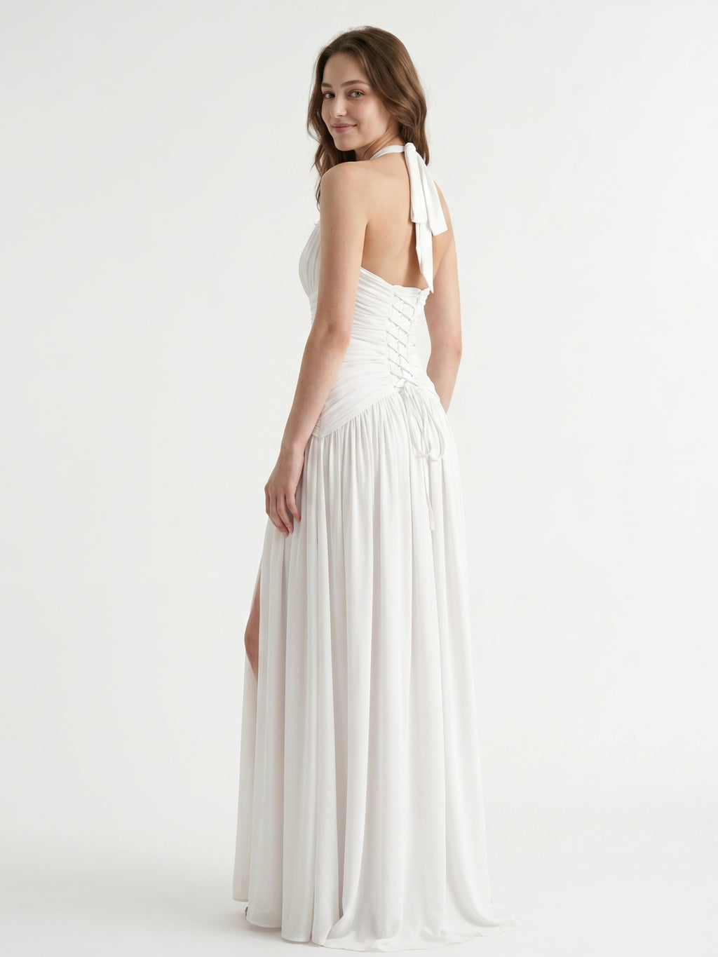 White Chiffon A-Line Halter Criss-Cross Floor-Length Bridesmaid Dress with Pleats