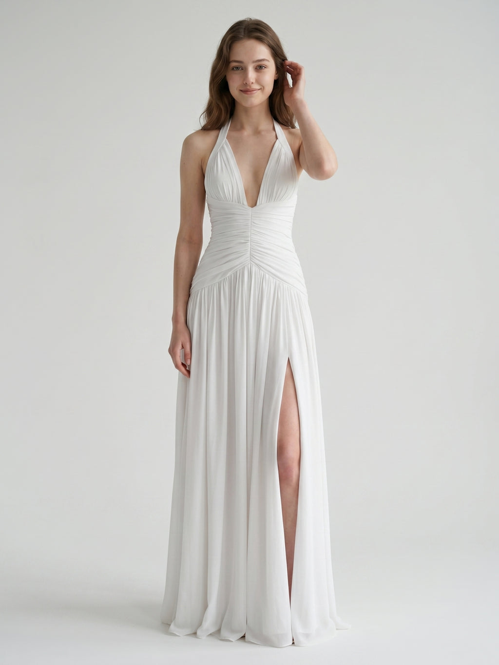 White Chiffon A-Line Halter Criss-Cross Floor-Length Bridesmaid Dress with Pleats