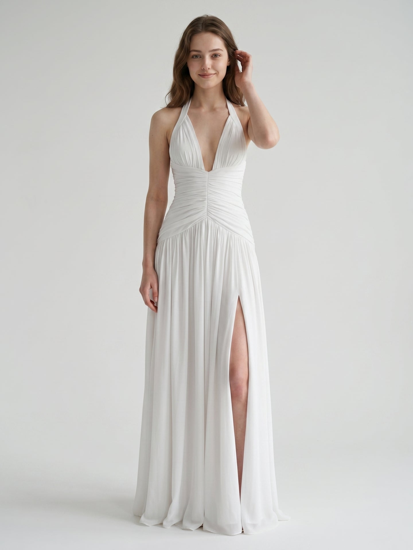 White Chiffon A-Line Halter Criss-Cross Floor-Length Bridesmaid Dress with Pleats