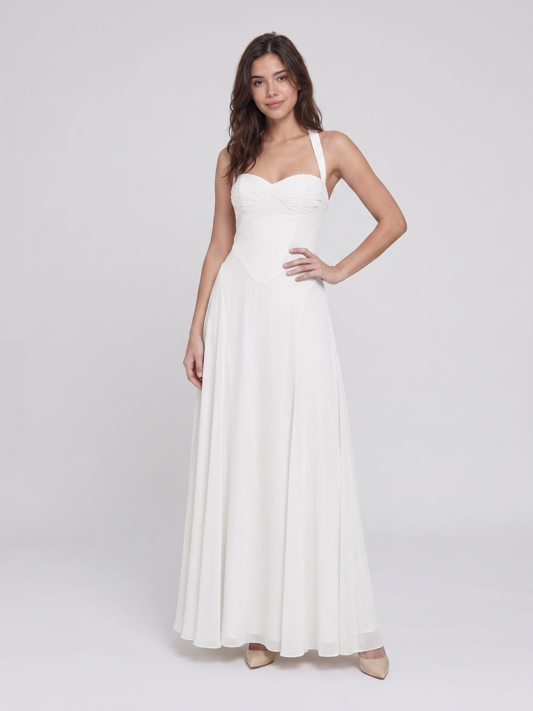 White Chiffon A-Line Halter Neckline Lace-Up Back Floor-Length Party Dress