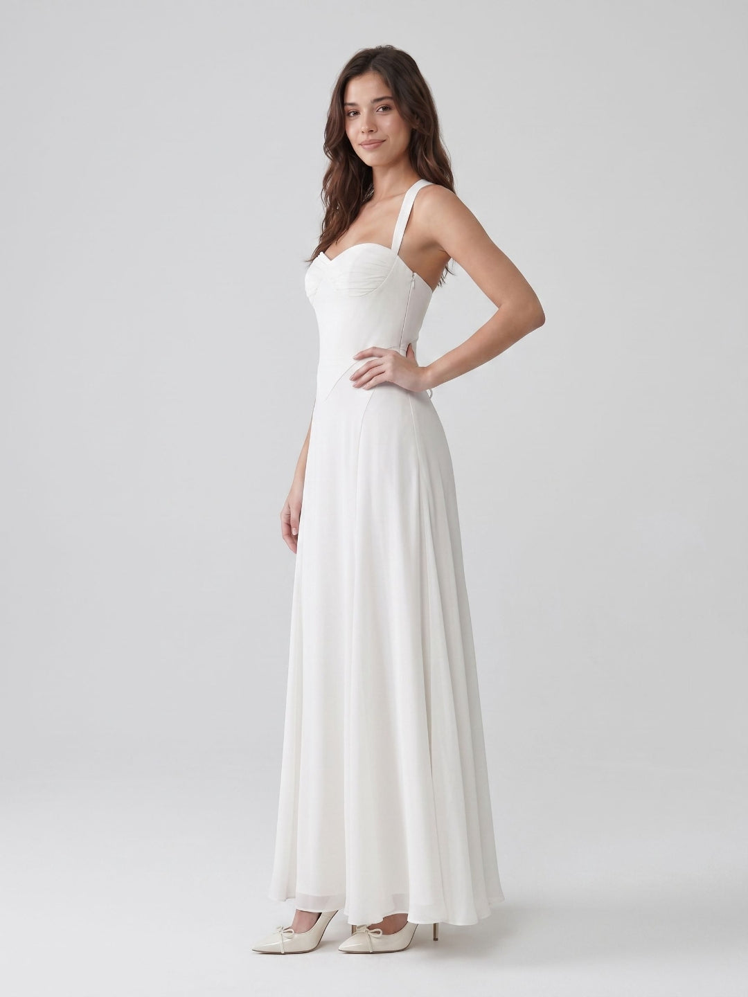 White Chiffon A-Line Halter Neckline Lace-Up Back Floor-Length Party Dress
