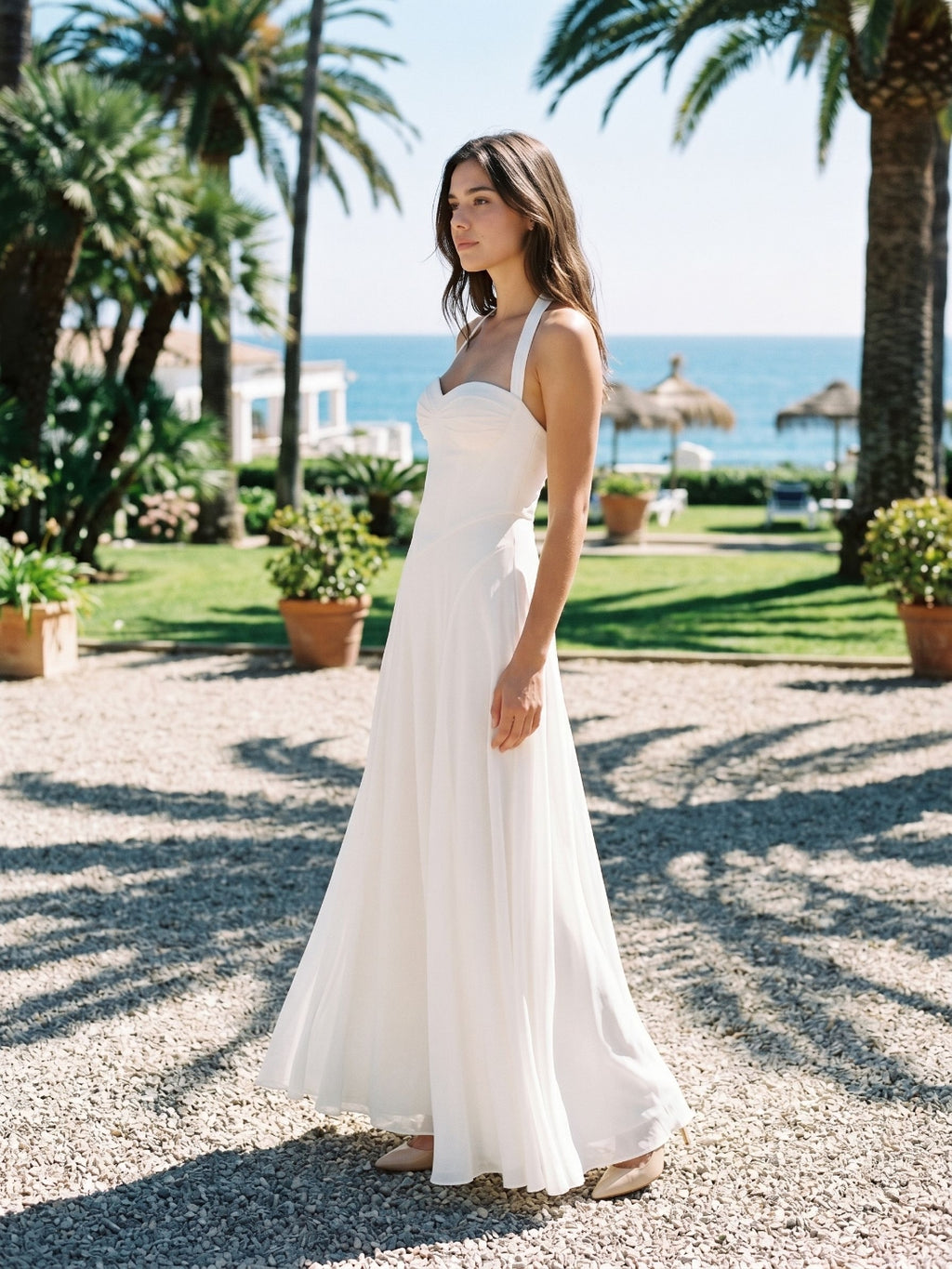 White Chiffon A-Line Halter Neckline Lace-Up Back Floor-Length Party Dress