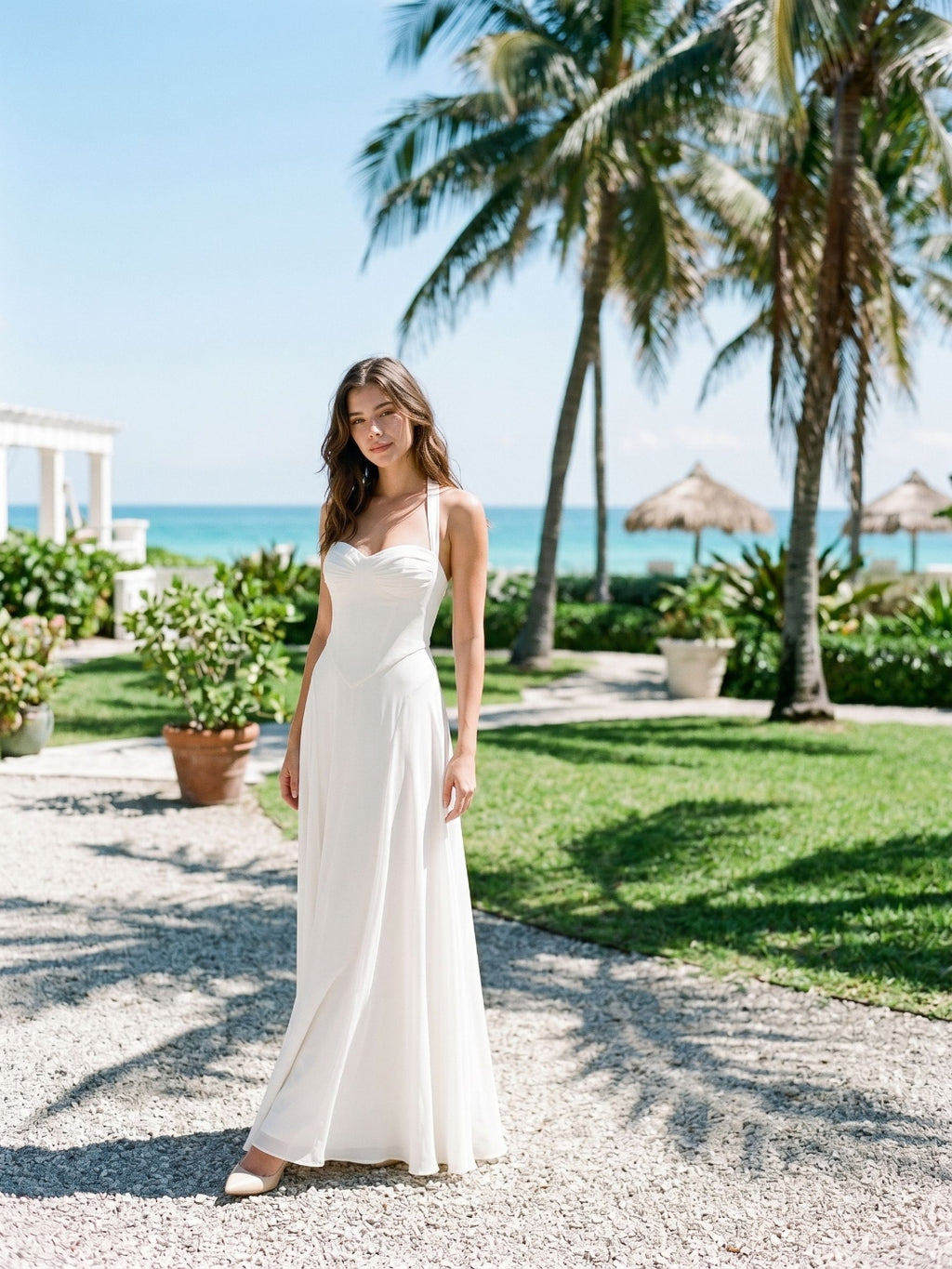 White Chiffon A-Line Halter Neckline Lace-Up Back Floor-Length Party Dress