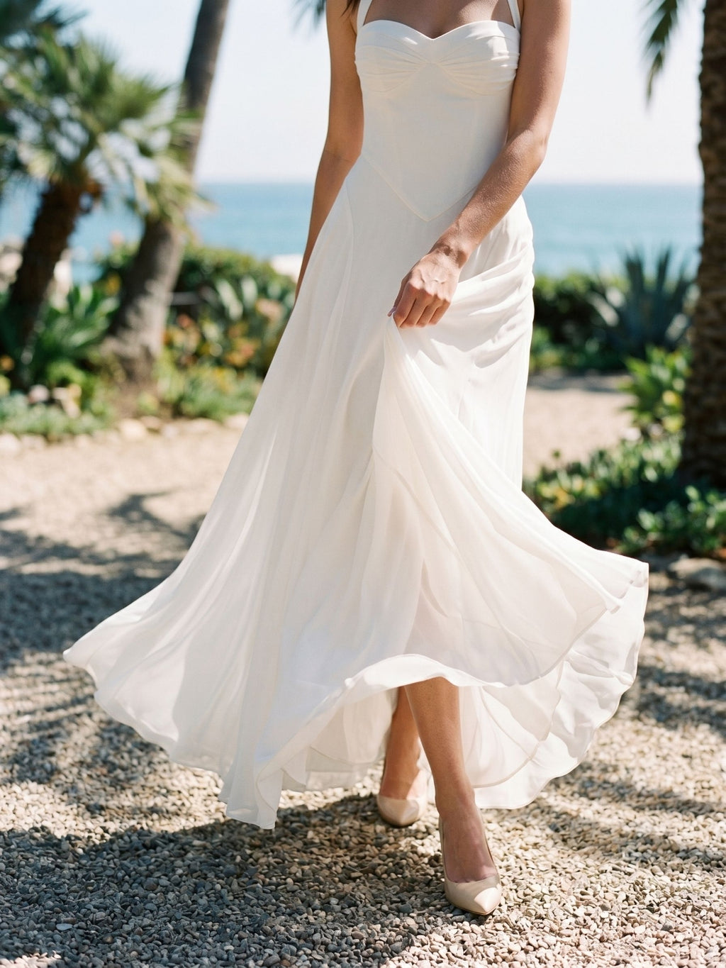 White Chiffon A-Line Halter Neckline Lace-Up Back Floor-Length Party Dress