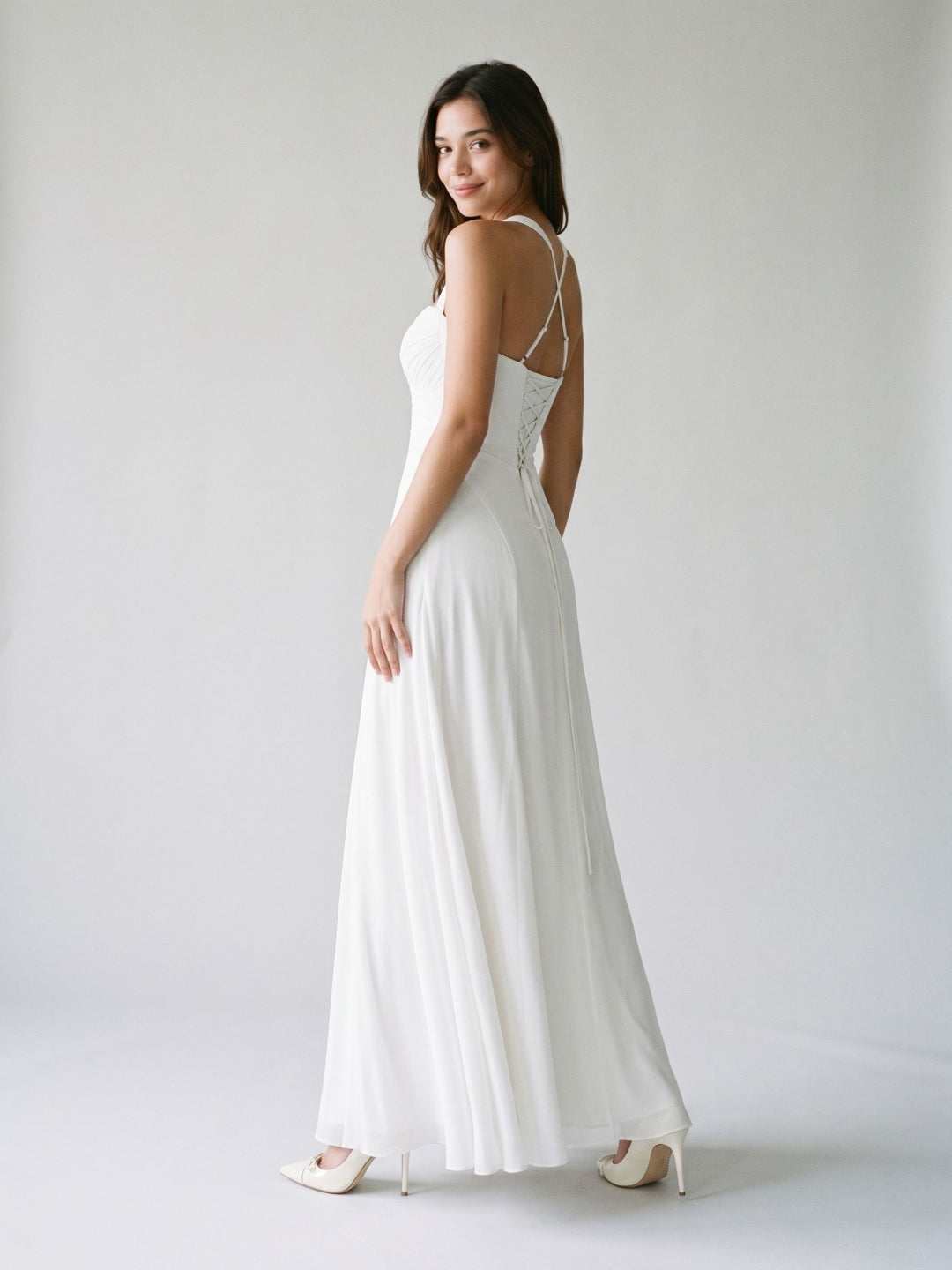 White Chiffon A-Line Halter Neckline Lace-Up Back Floor-Length Party Dress