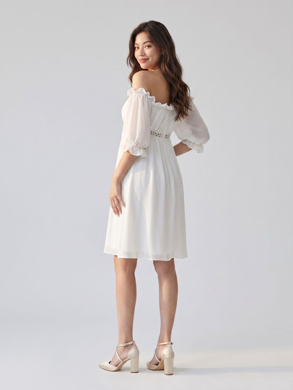 White Chiffon A-Line Off-the-Shoulder Backless Mini Homecoming Dress with Ruffles