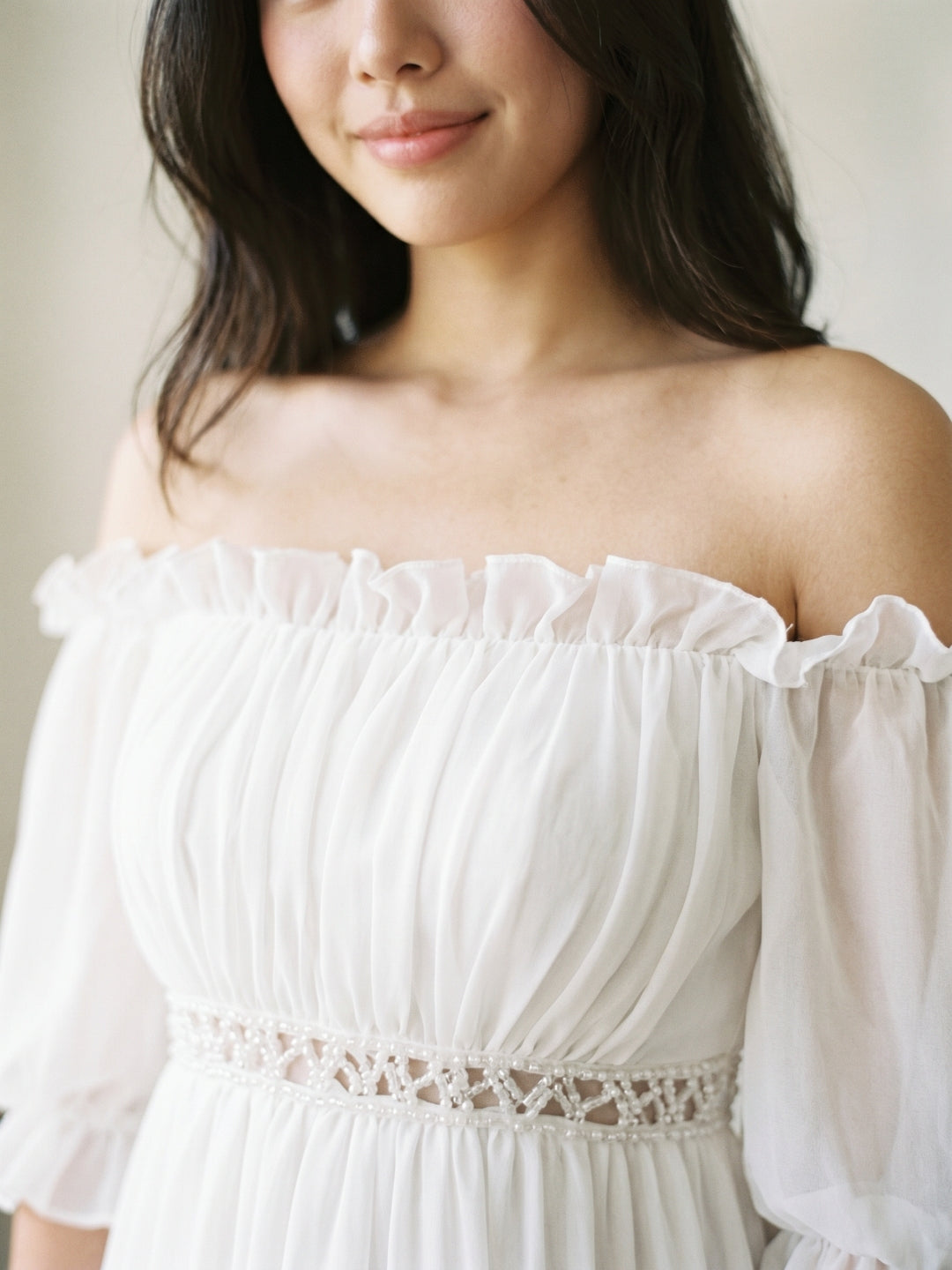 White Chiffon A-Line Off-the-Shoulder Backless Mini Homecoming Dress with Ruffles