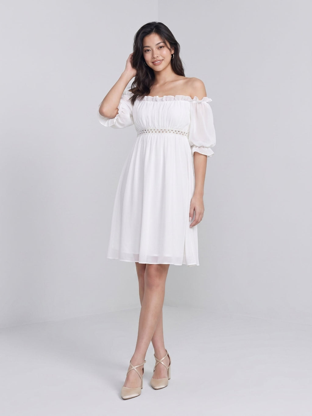 White Chiffon A-Line Off-the-Shoulder Backless Mini Homecoming Dress with Ruffles