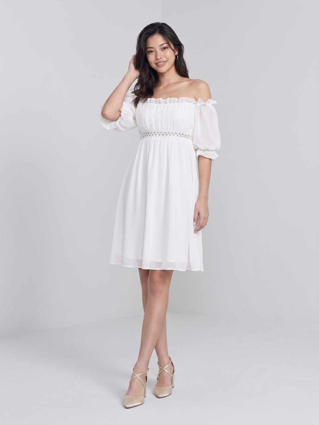 White Chiffon A-Line Off-the-Shoulder Backless Mini Homecoming Dress with Ruffles