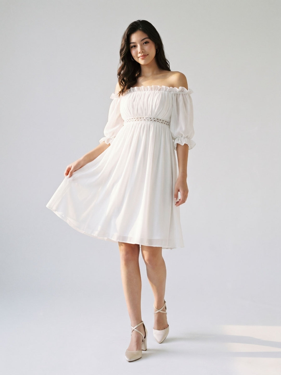 White Chiffon A-Line Off-the-Shoulder Backless Mini Homecoming Dress with Ruffles