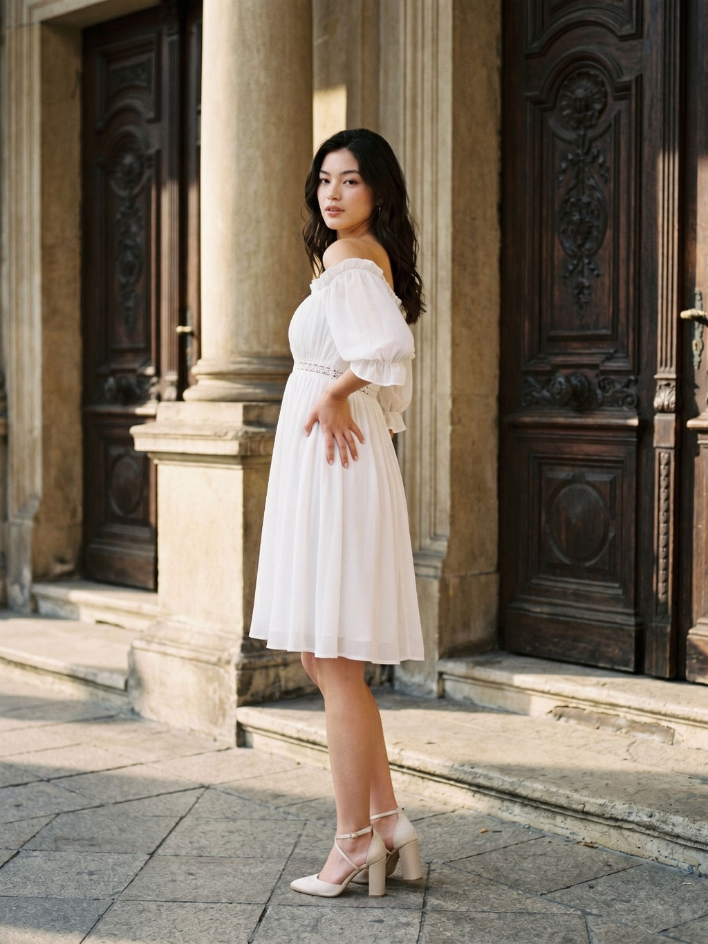 White Chiffon A-Line Off-the-Shoulder Backless Mini Homecoming Dress with Ruffles