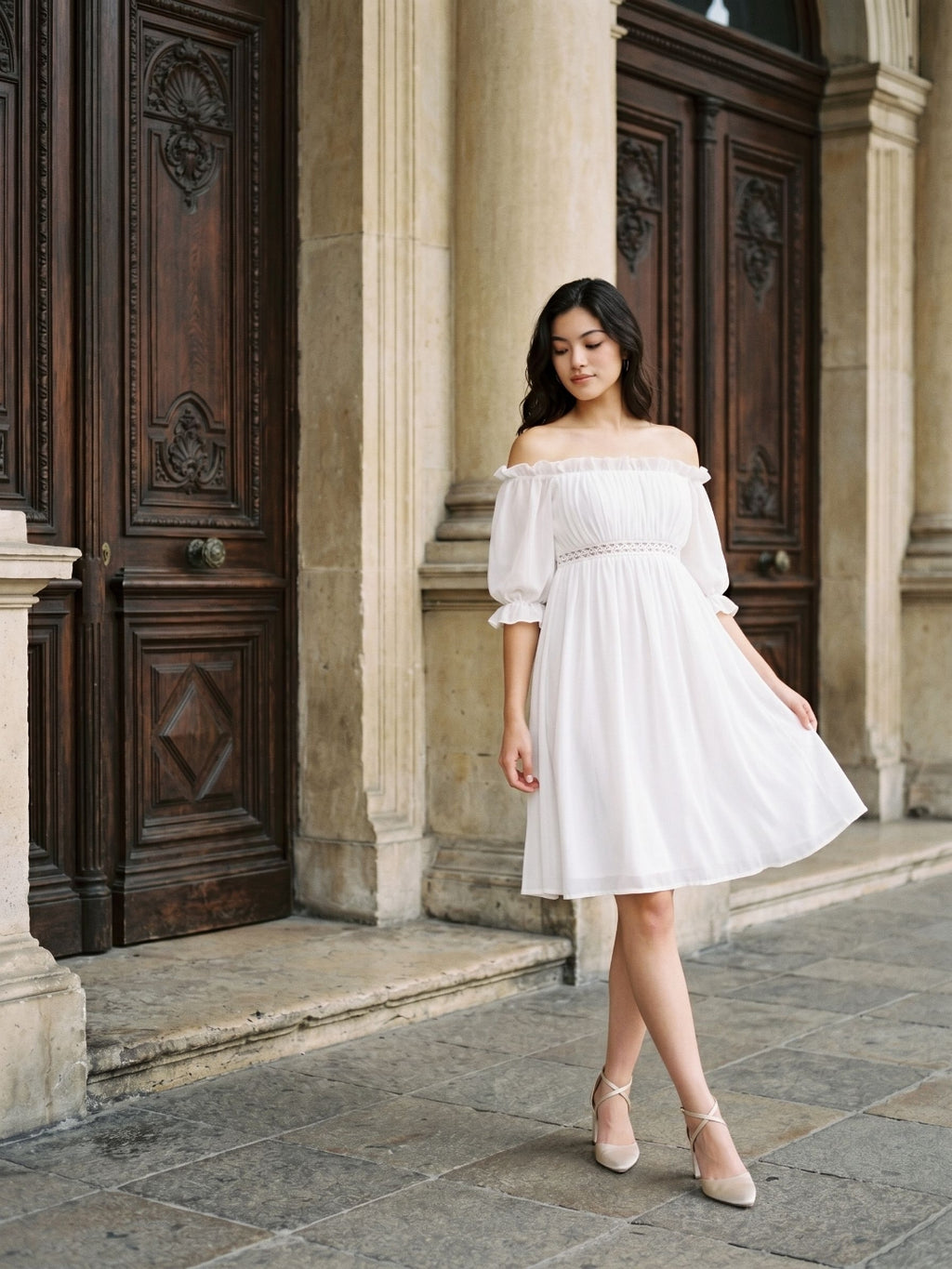 White Chiffon A-Line Off-the-Shoulder Backless Mini Homecoming Dress with Ruffles