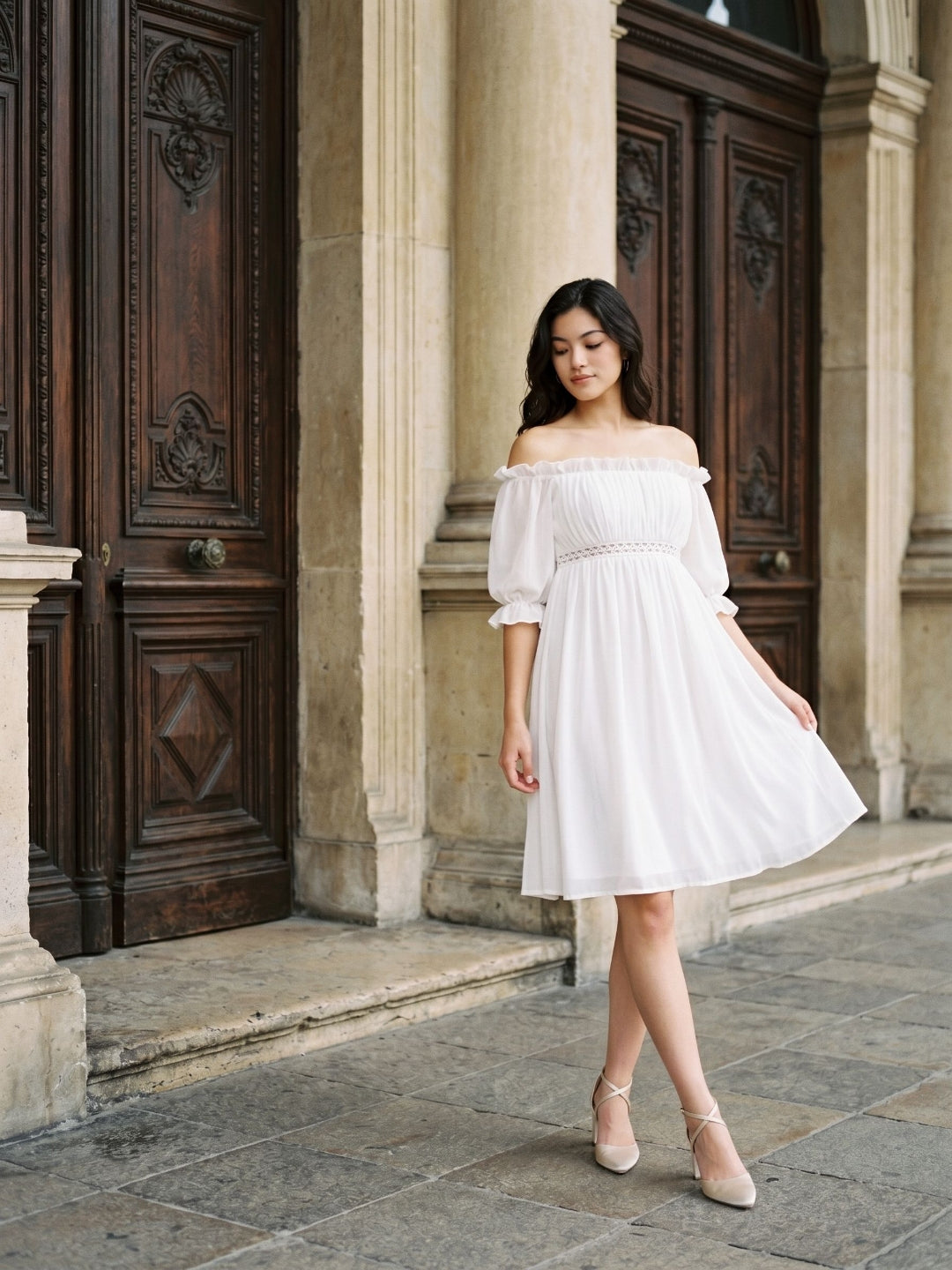 White Chiffon A-Line Off-the-Shoulder Backless Mini Homecoming Dress with Ruffles