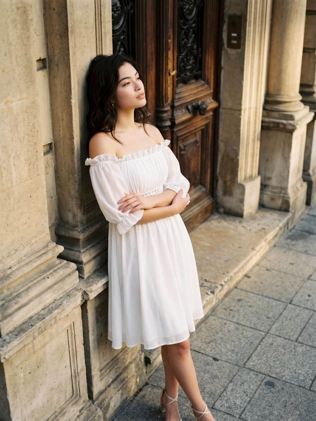 White Chiffon A-Line Off-the-Shoulder Backless Mini Homecoming Dress with Ruffles
