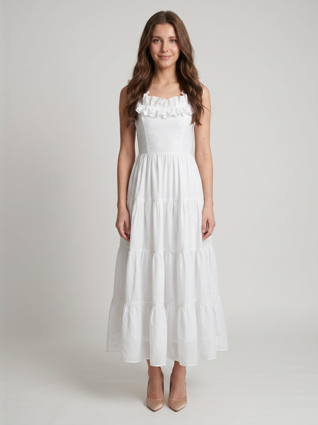 White Chiffon A-Line Scoop Neck Backless Ankle-Length Ruffle Bridesmaid Dress