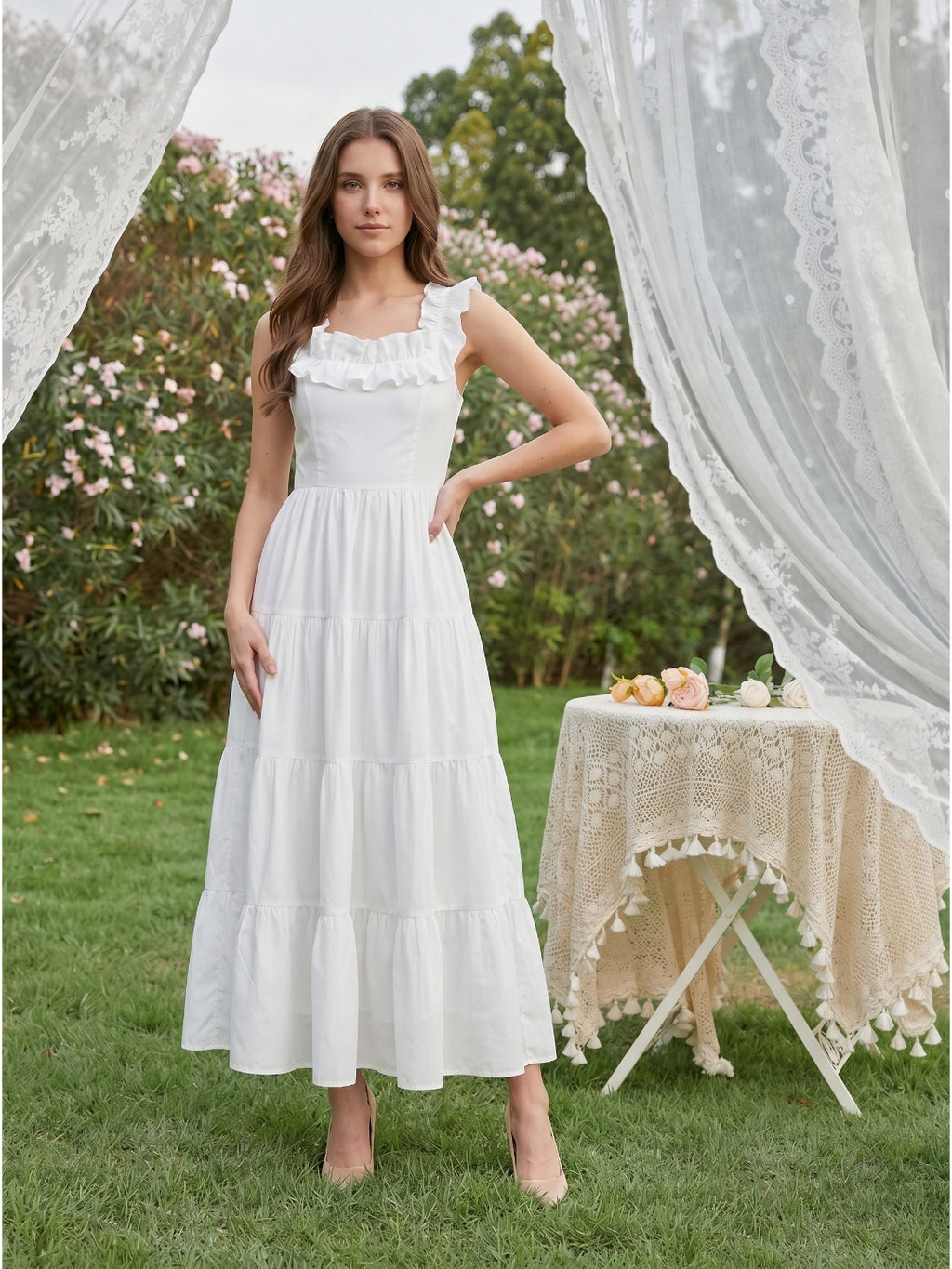 White Chiffon A-Line Scoop Neck Backless Ankle-Length Ruffle Bridesmaid Dress