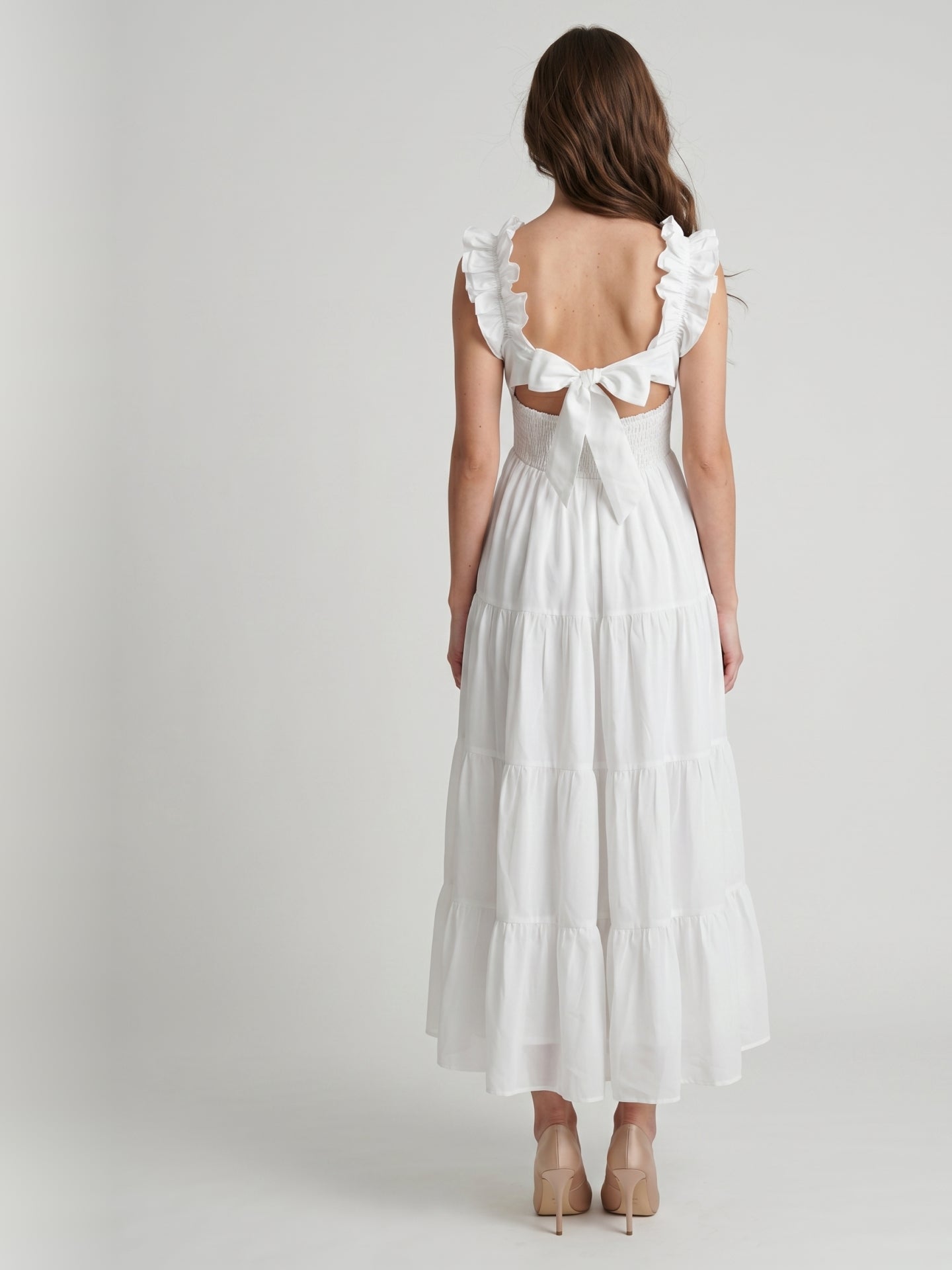 White Chiffon A-Line Scoop Neck Backless Ankle-Length Ruffle Bridesmaid Dress