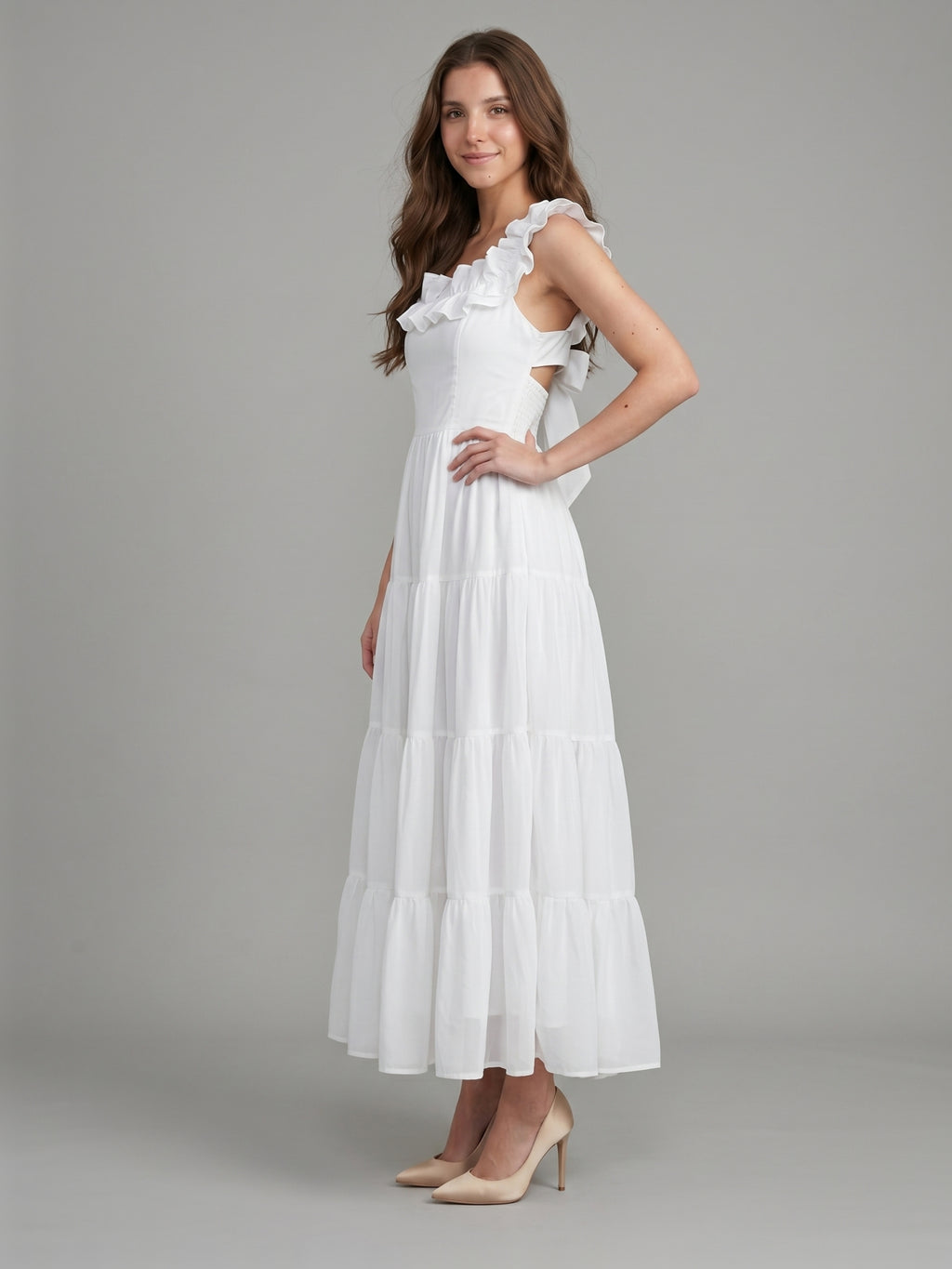 White Chiffon A-Line Scoop Neck Backless Ankle-Length Ruffle Bridesmaid Dress