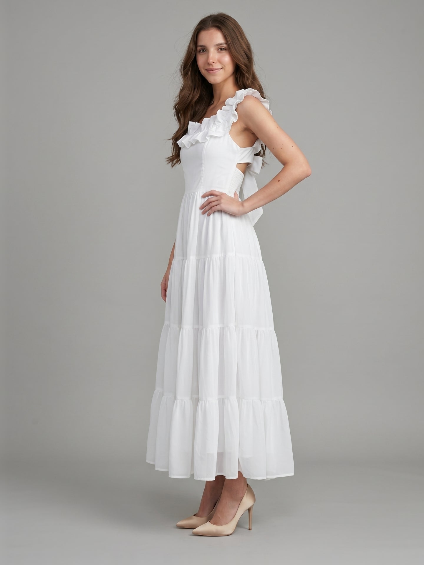White Chiffon A-Line Scoop Neck Backless Ankle-Length Ruffle Bridesmaid Dress