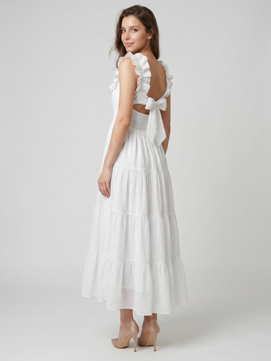 White Chiffon A-Line Scoop Neck Backless Ankle-Length Ruffle Bridesmaid Dress