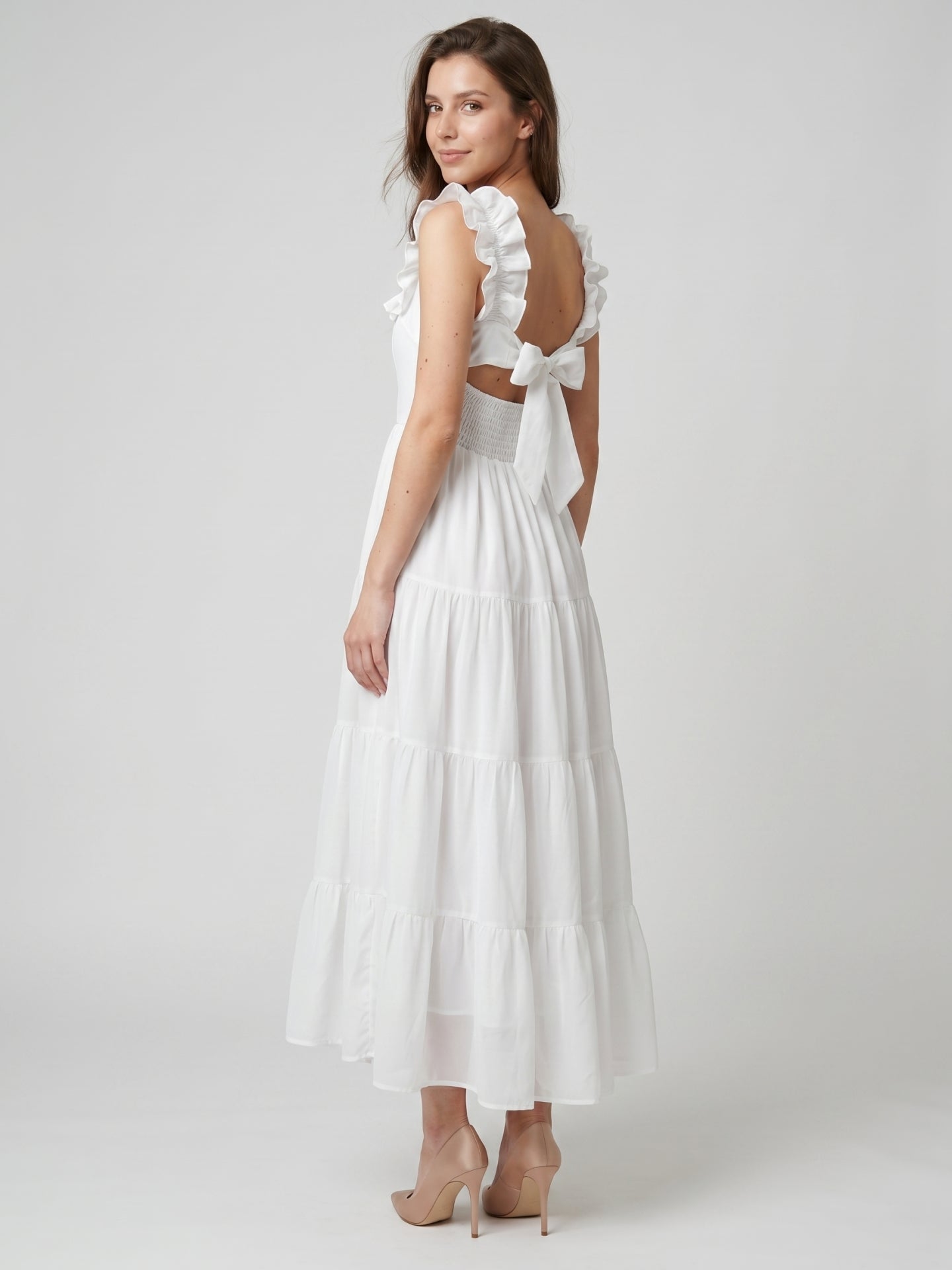 White Chiffon A-Line Scoop Neck Backless Ankle-Length Ruffle Bridesmaid Dress