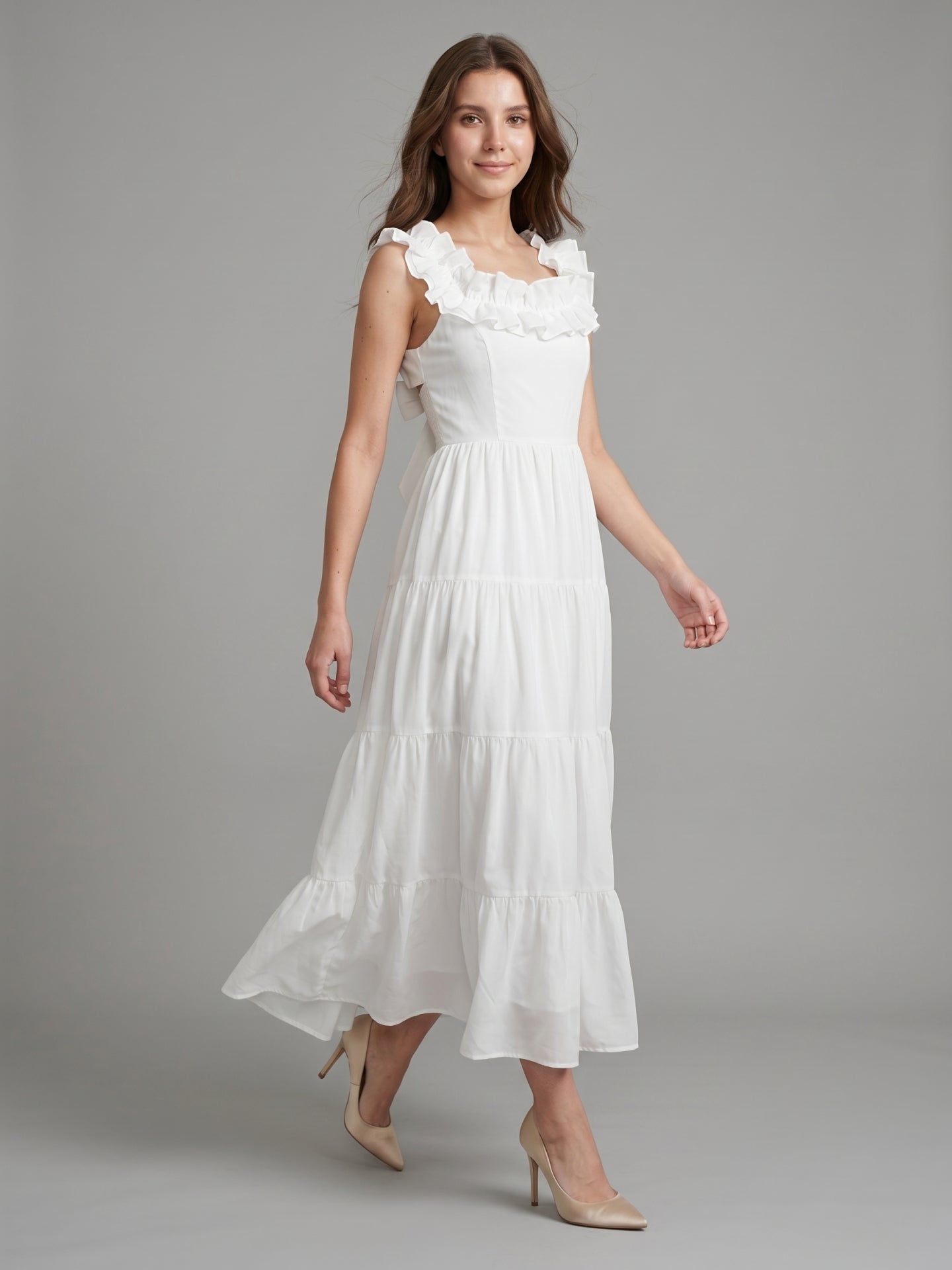 White Chiffon A-Line Scoop Neck Backless Ankle-Length Ruffle Bridesmaid Dress