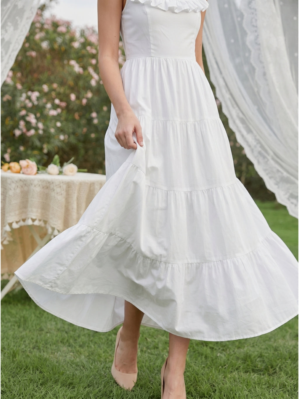 White Chiffon A-Line Scoop Neck Backless Ankle-Length Ruffle Bridesmaid Dress