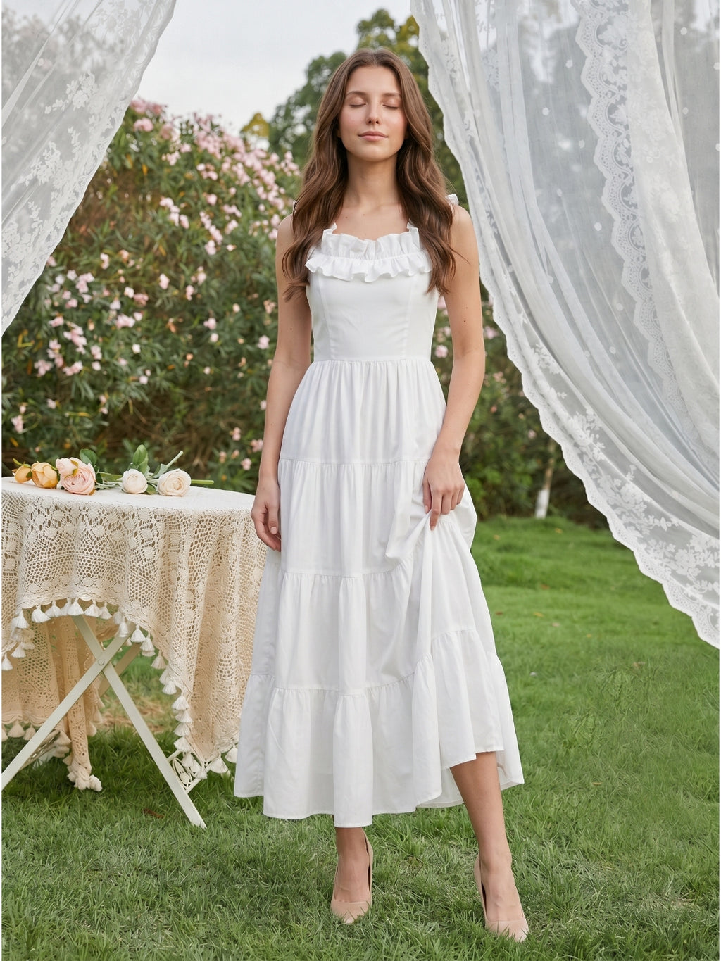 White Chiffon A-Line Scoop Neck Backless Ankle-Length Ruffle Bridesmaid Dress