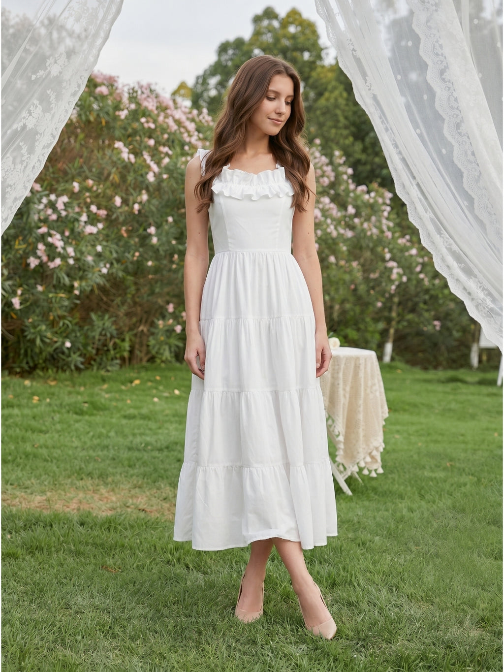 White Chiffon A-Line Scoop Neck Backless Ankle-Length Ruffle Bridesmaid Dress
