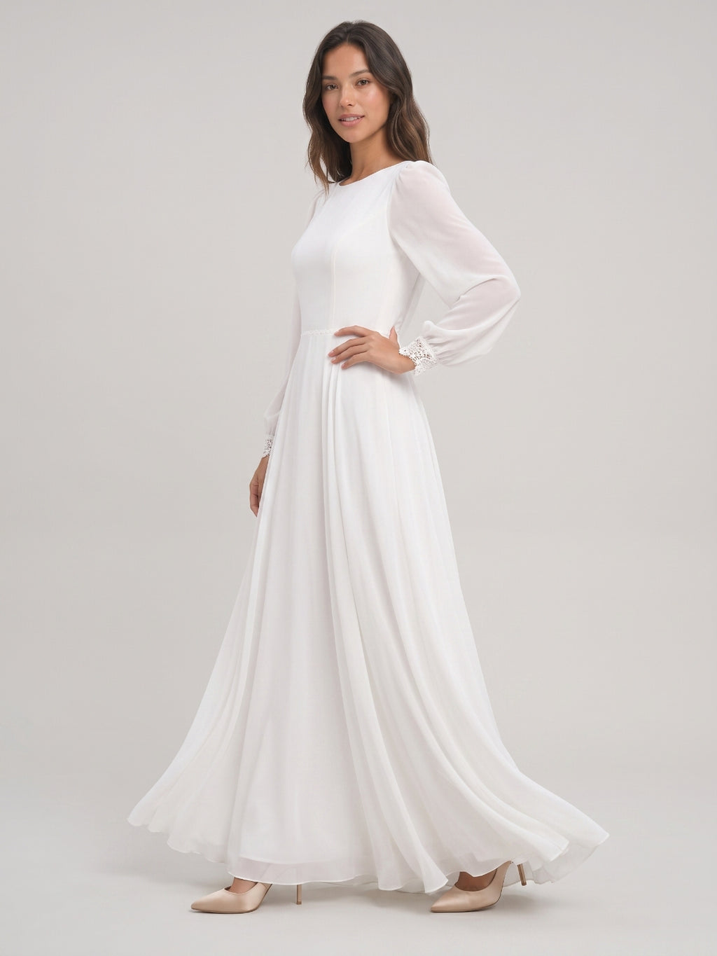 White Chiffon A-Line Scoop Neck Floor-Length Bride Dress