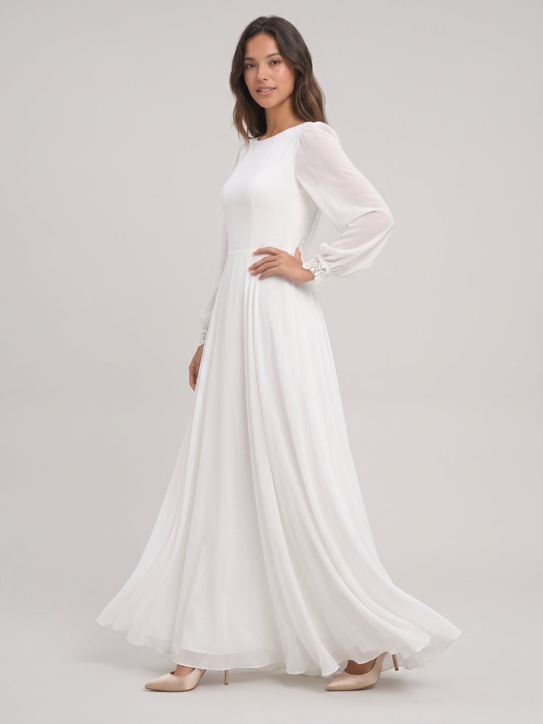 White Chiffon A-Line Scoop Neck Floor-Length Bride Dress