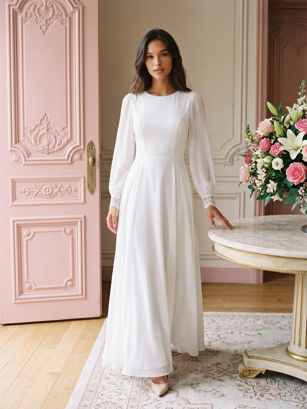 White Chiffon A-Line Scoop Neck Floor-Length Bride Dress