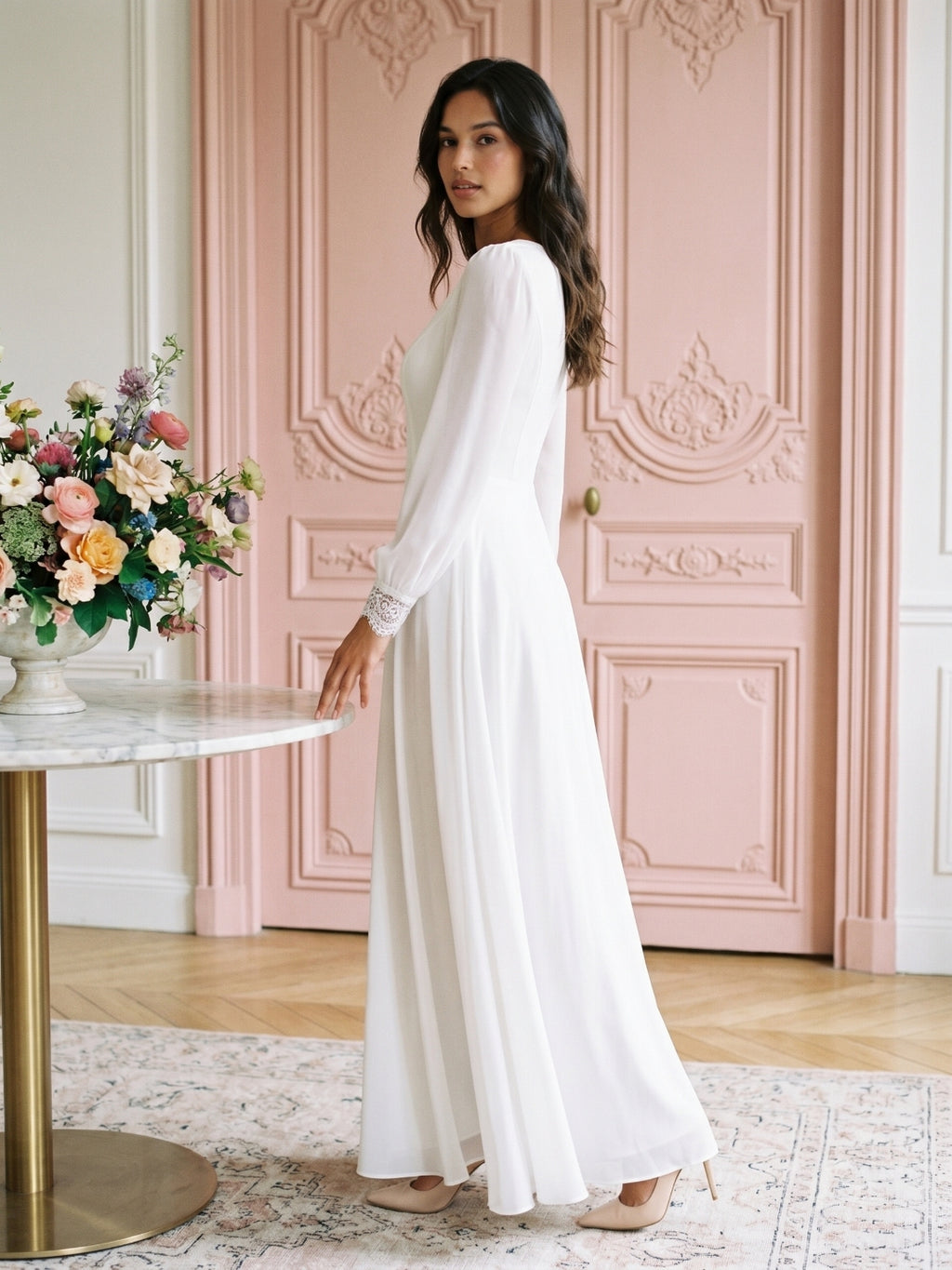 White Chiffon A-Line Scoop Neck Floor-Length Bride Dress