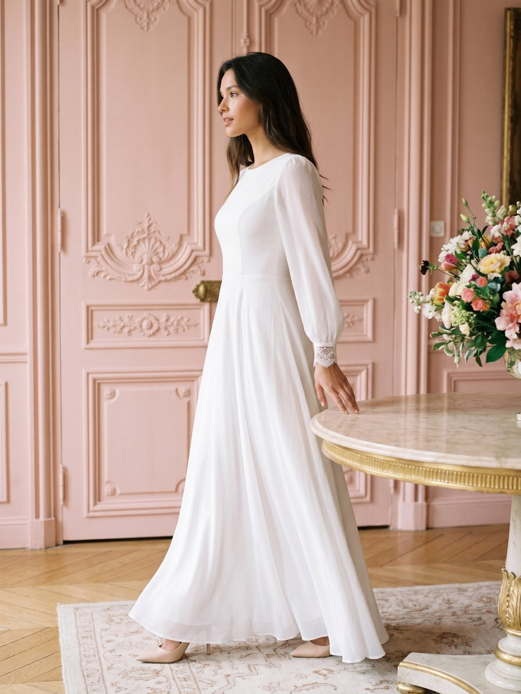 White Chiffon A-Line Scoop Neck Floor-Length Bride Dress