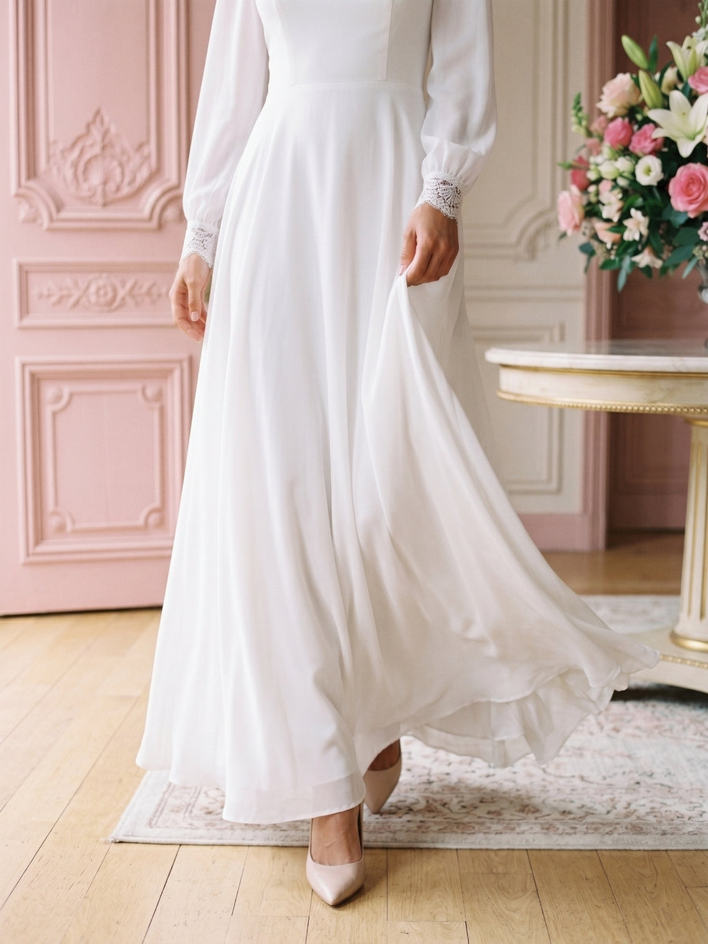 White Chiffon A-Line Scoop Neck Floor-Length Bride Dress