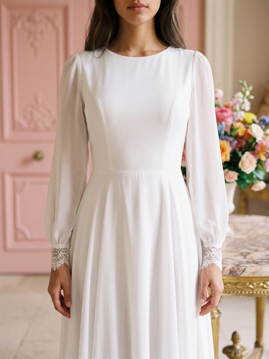 White Chiffon A-Line Scoop Neck Floor-Length Bride Dress
