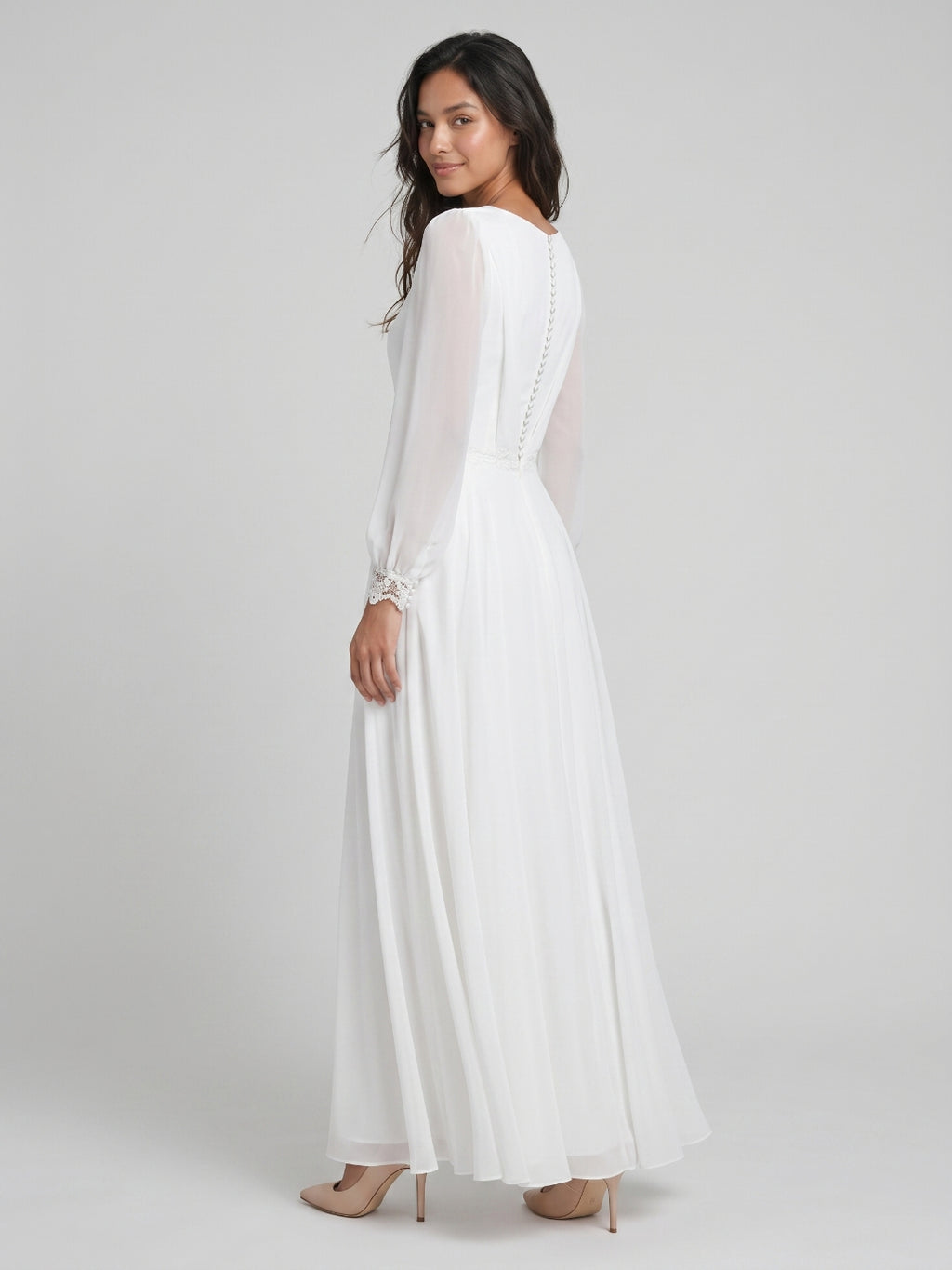 White Chiffon A-Line Scoop Neck Floor-Length Bride Dress