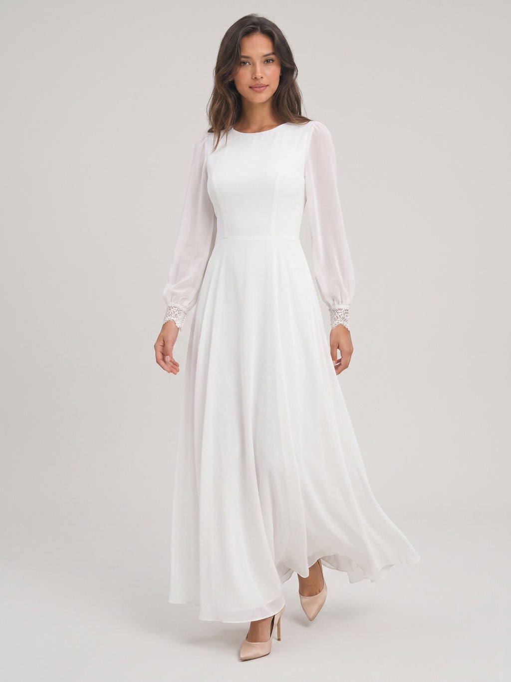 White Chiffon A-Line Scoop Neck Floor-Length Bride Dress