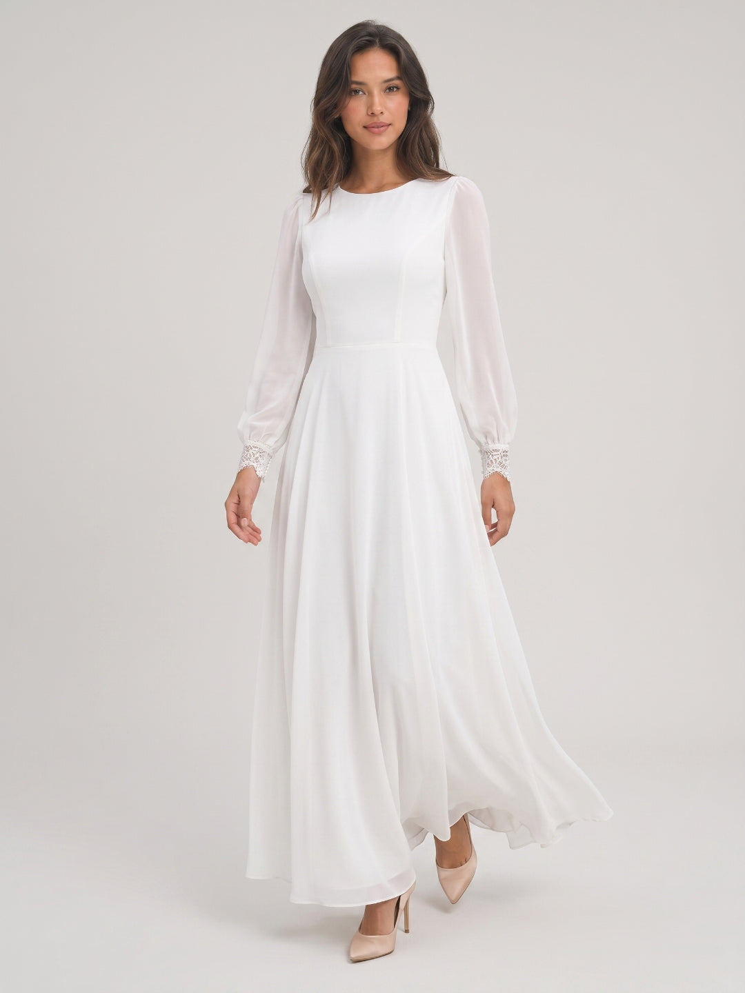 White Chiffon A-Line Scoop Neck Floor-Length Bride Dress