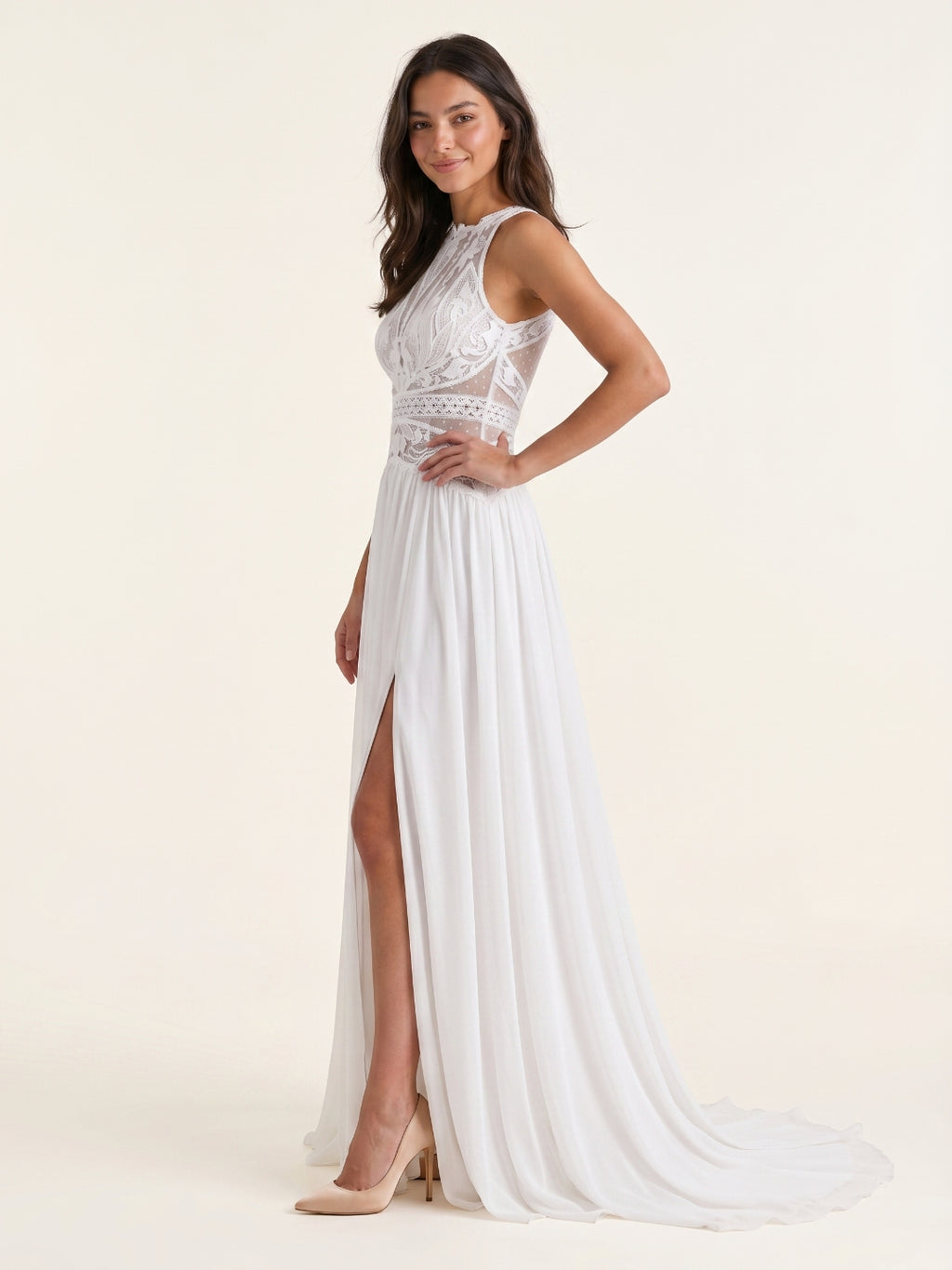 White Chiffon A-Line Scoop Neck Illusion Floor-Length Wedding Dress