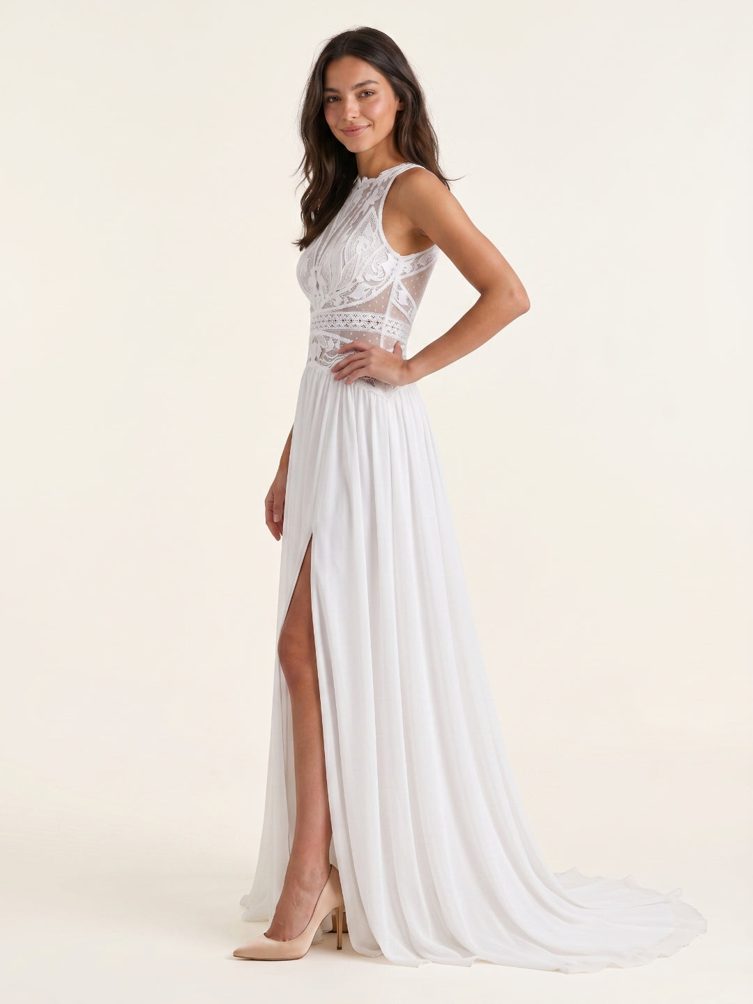 White Chiffon A-Line Scoop Neck Illusion Floor-Length Wedding Dress