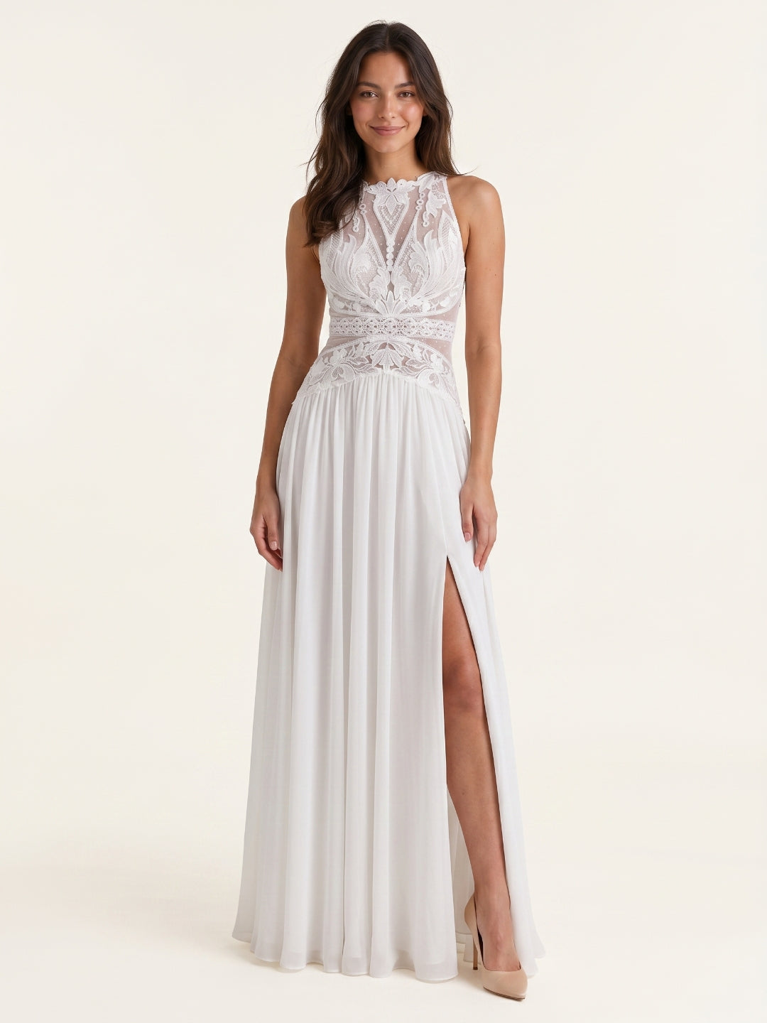 White Chiffon A-Line Scoop Neck Illusion Floor-Length Wedding Dress
