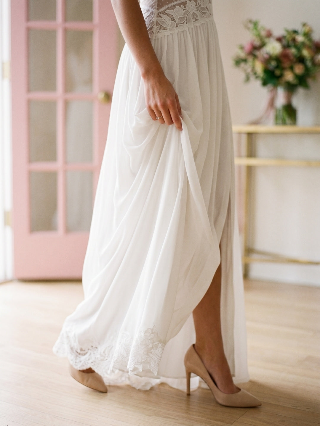 White Chiffon A-Line Scoop Neck Illusion Floor-Length Wedding Dress