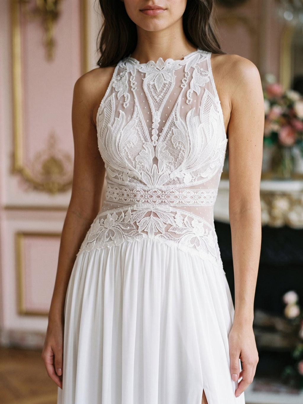 White Chiffon A-Line Scoop Neck Illusion Floor-Length Wedding Dress