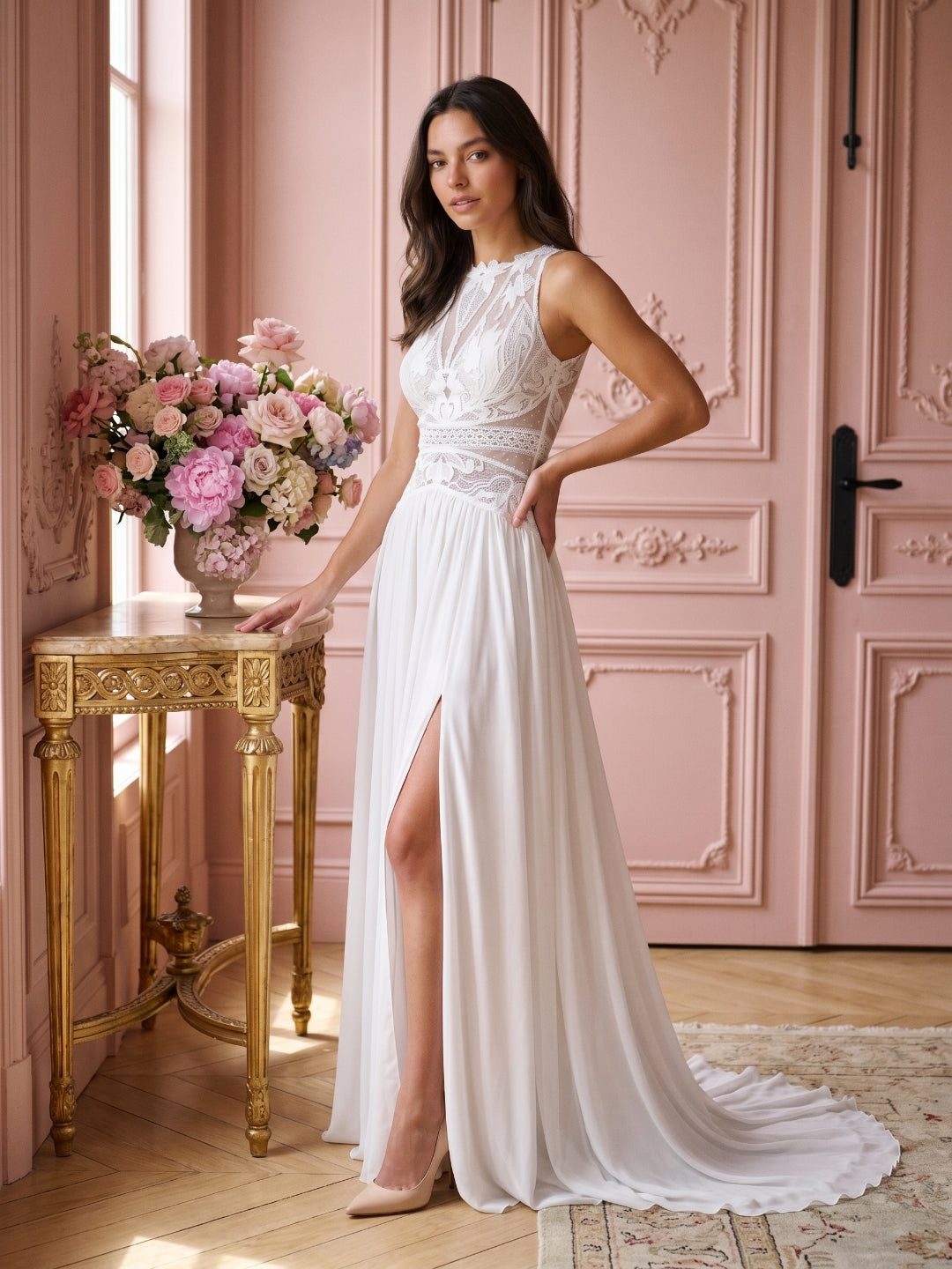 White Chiffon A-Line Scoop Neck Illusion Floor-Length Wedding Dress