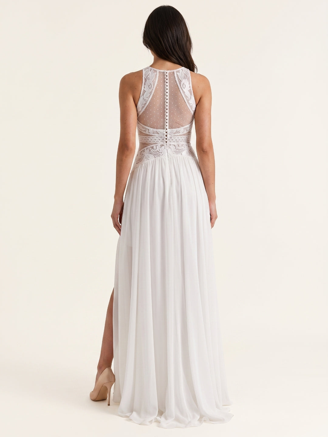 White Chiffon A-Line Scoop Neck Illusion Floor-Length Wedding Dress