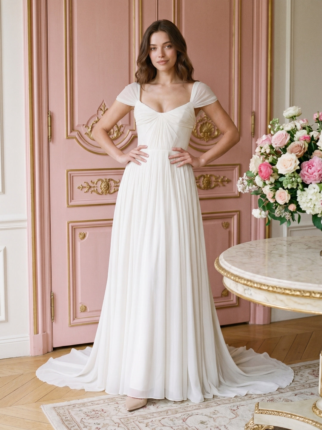 White Chiffon A-Line Square Neck Backless Floor-Length Prom Dress