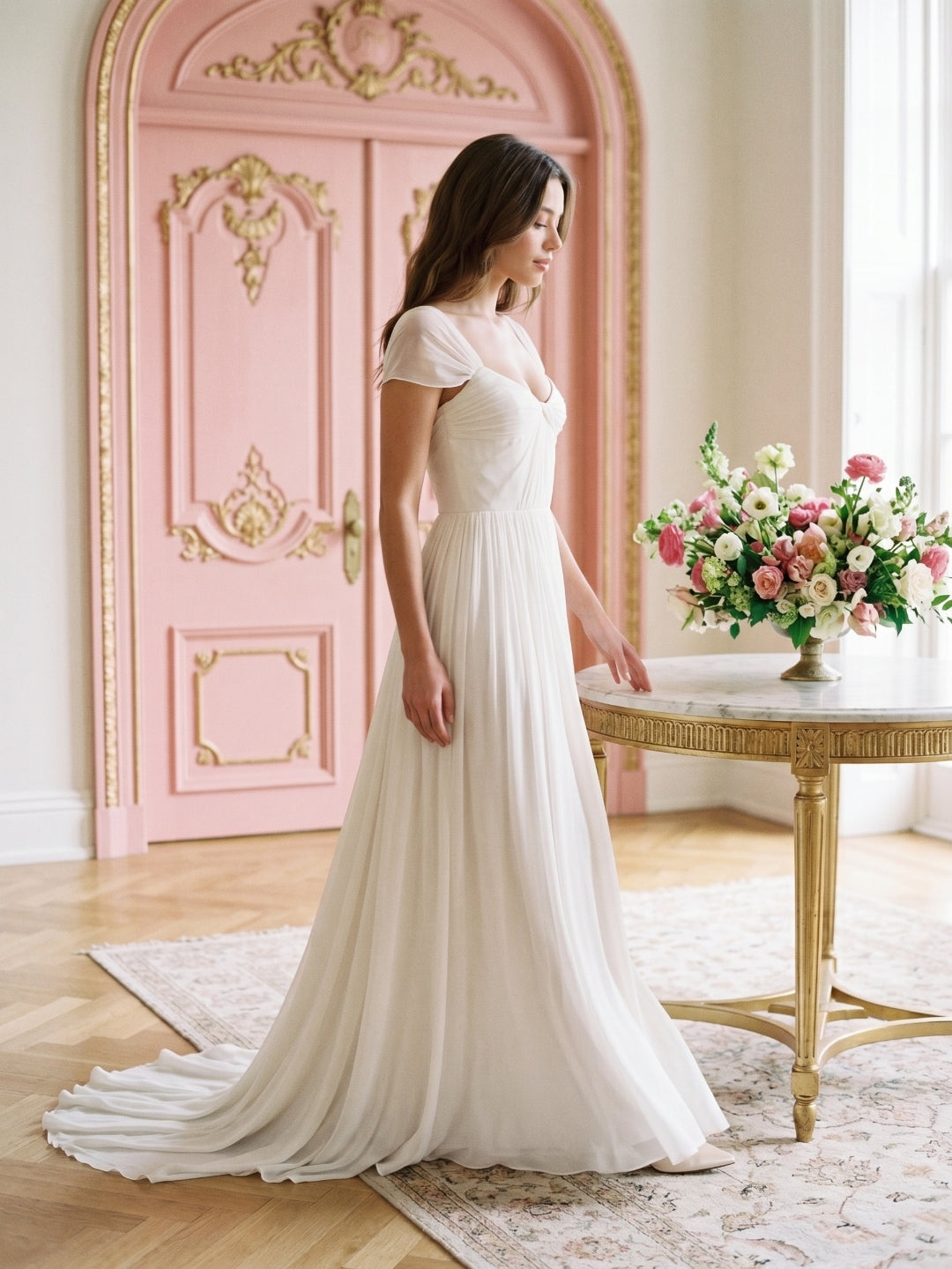 White Chiffon A-Line Square Neck Backless Floor-Length Prom Dress