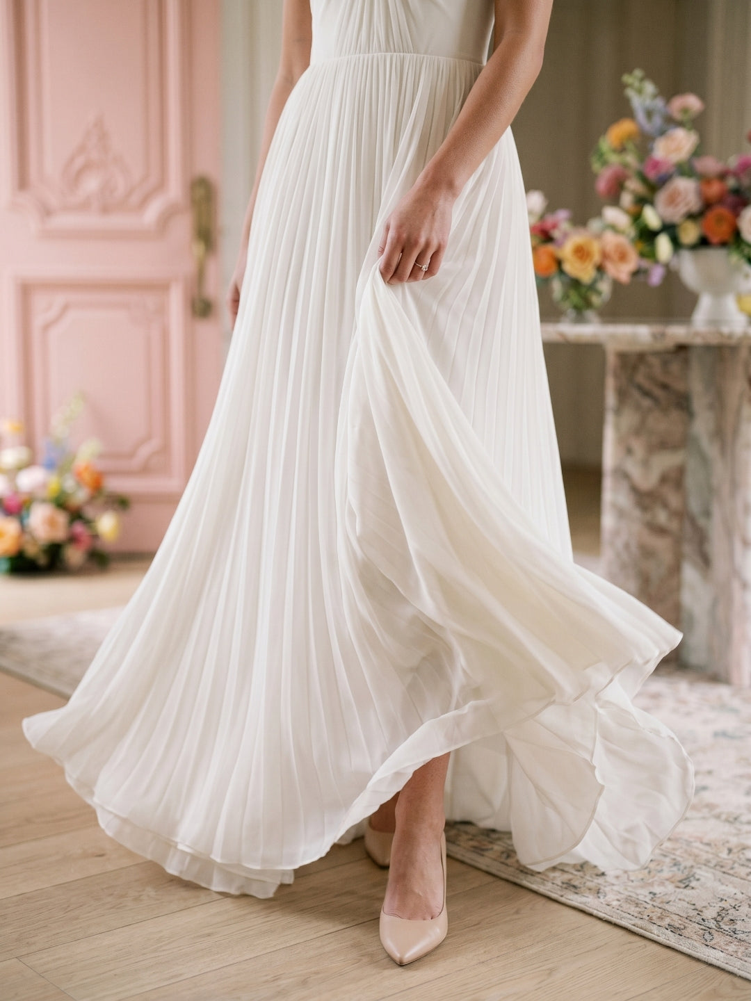 White Chiffon A-Line Square Neck Backless Floor-Length Prom Dress