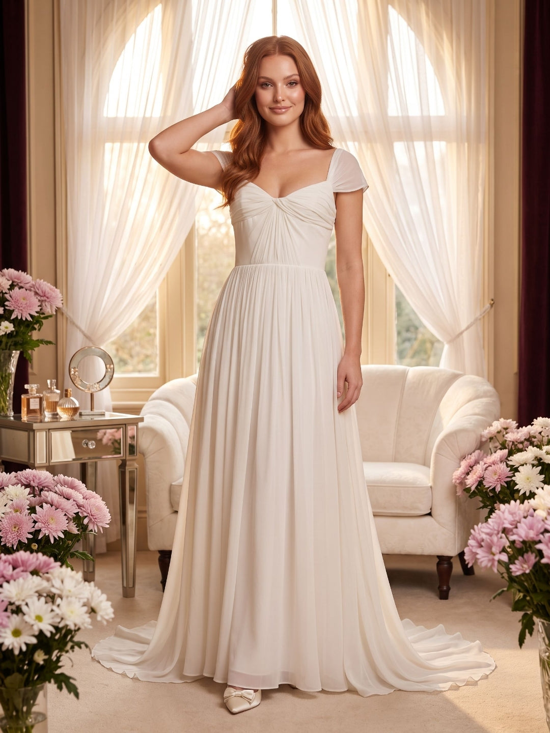 White Chiffon A-Line Square Neck Backless Floor-Length Prom Dress